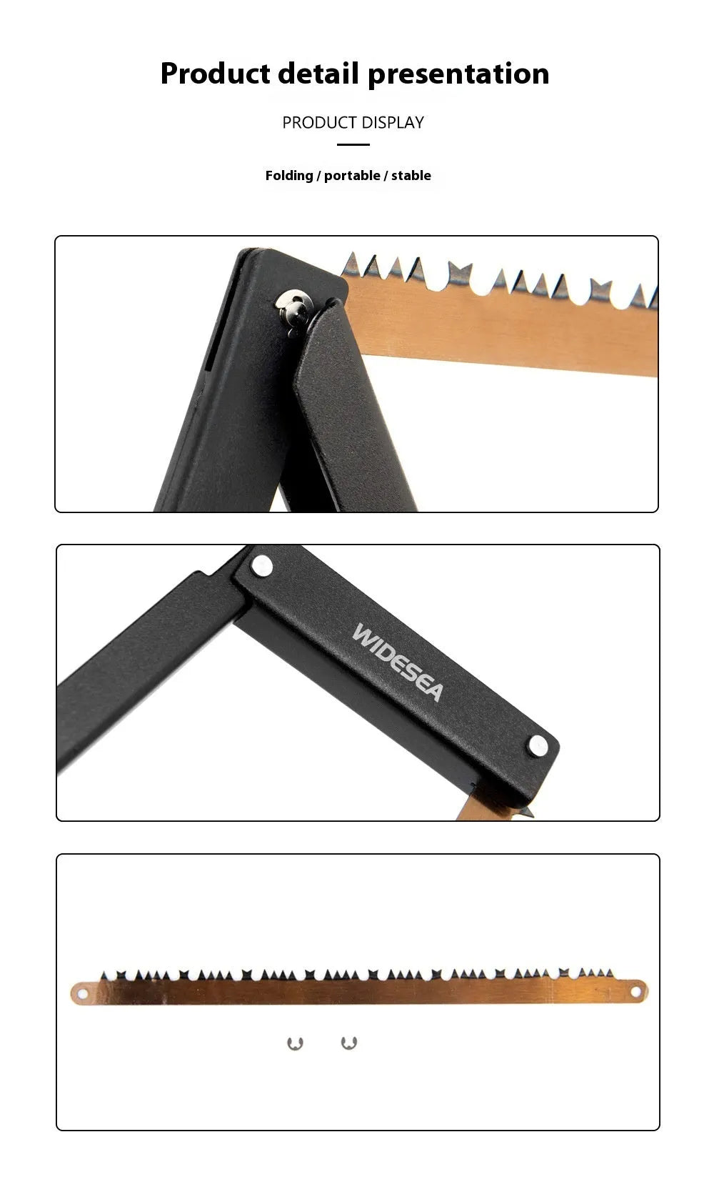 Black foldable outdoor survival saw with aluminium frame in open and closed positions.