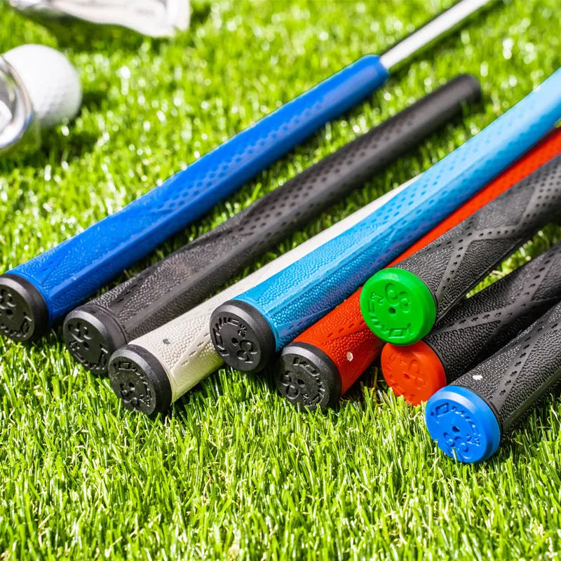 Soft TPE golf club grip shown in various colours including pink, red, blue, white, and black with coloured heads.