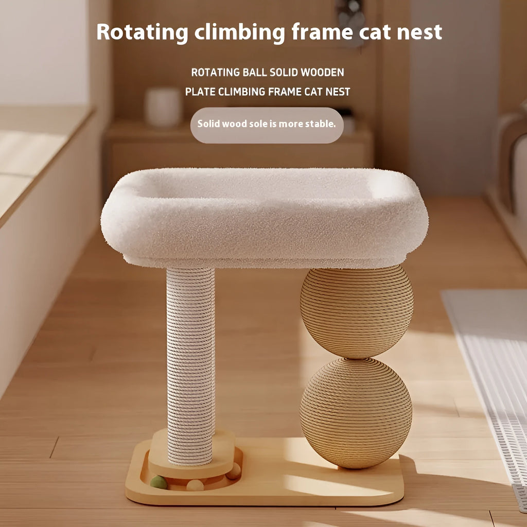 Pine wood cat scratching ball nest unit in a simple style with integrated resting area.