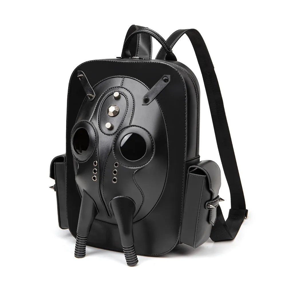Black men's backpack with Gothic skull design featuring metal stud detailing and multiple compartments
