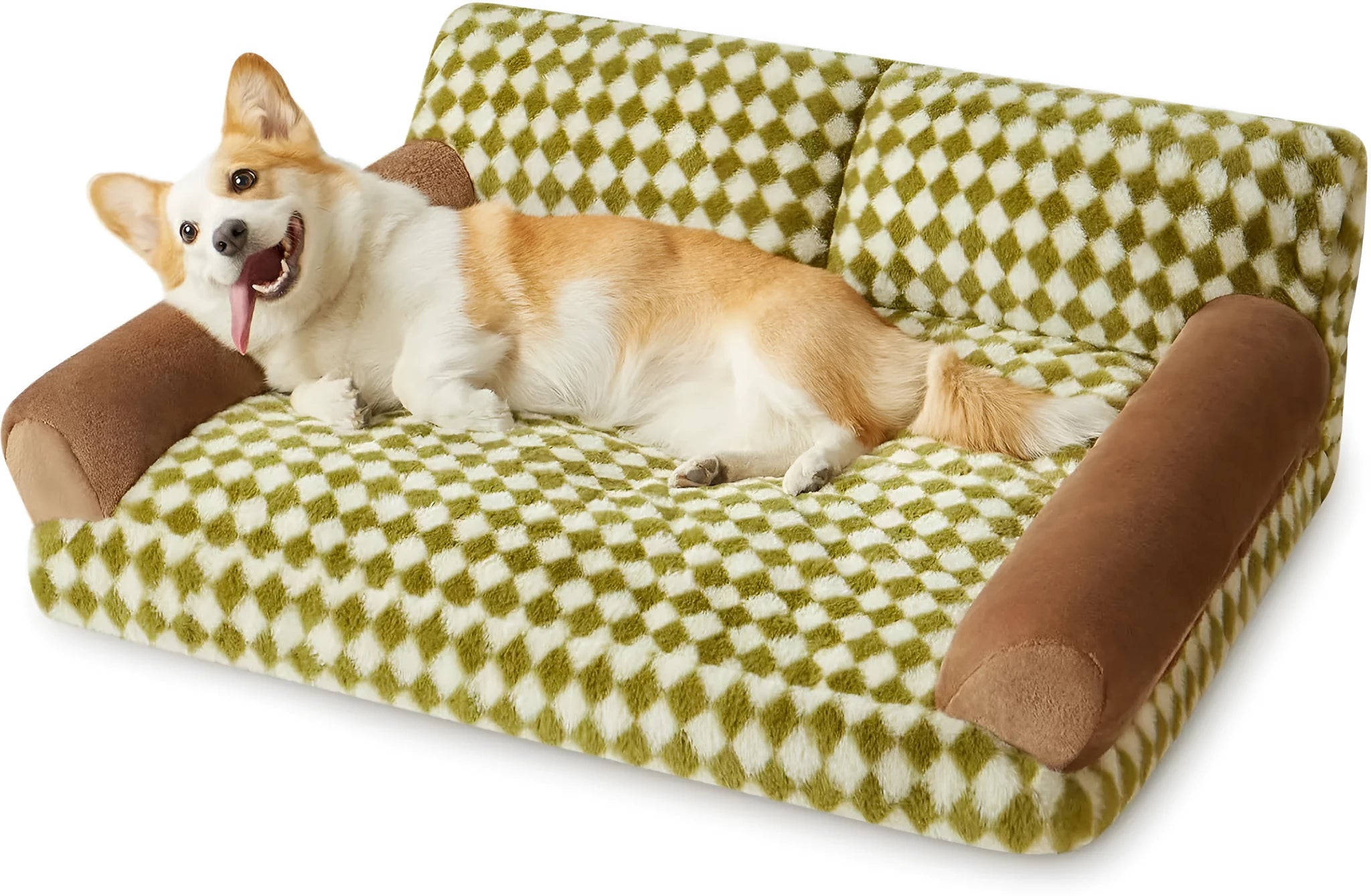 Checkered pet couch bed for cats and small dogs with a non-slip bottom, shown in three available sizes.