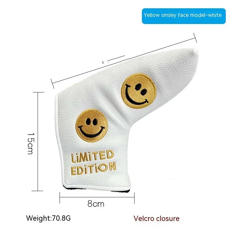 Golf straight bar putter sleeve in PU waterproof fabric with fleece lining, shown in multiple design styles