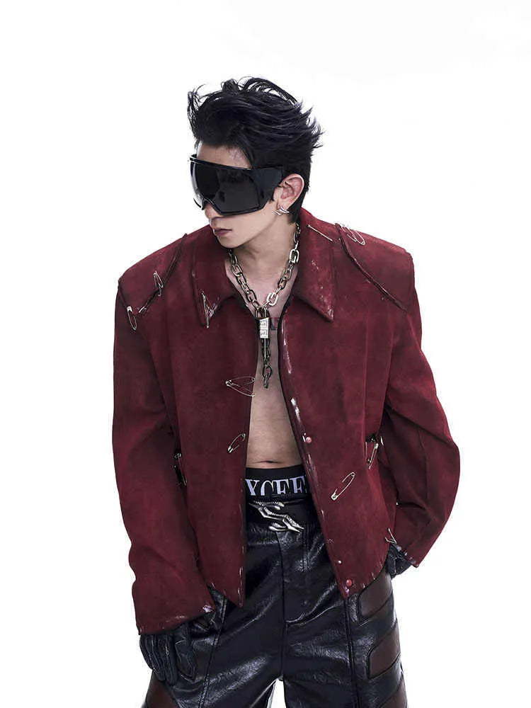Men's red loose-fit quilted jacket with black flocking decorative pin detailing and lapel collar