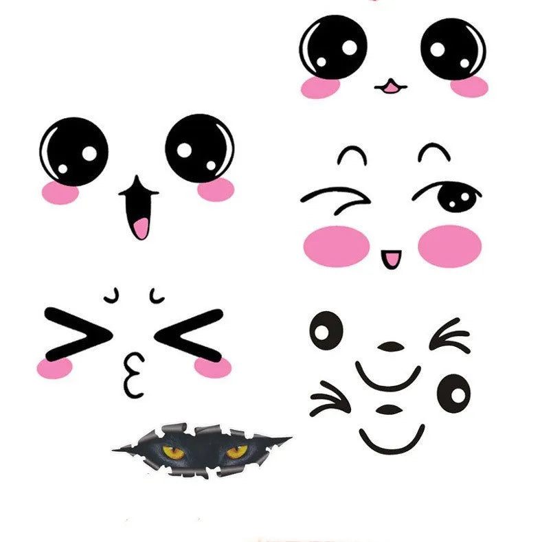 Pair of reflective cartoon eye car stickers on a vehicle rearview mirror.