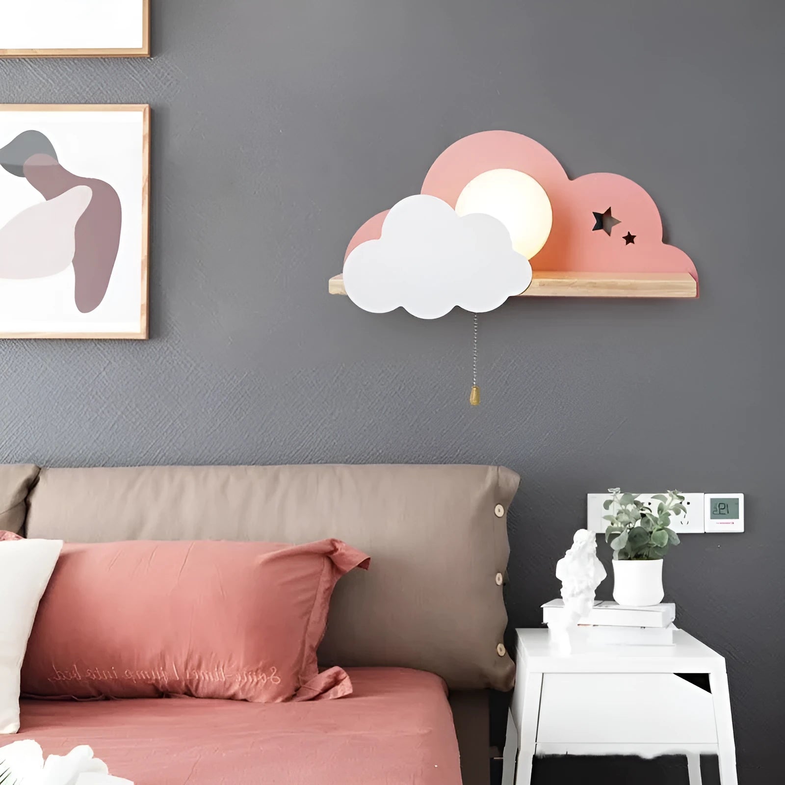 Cloud shaped bedside wall lamp with glass lampshade mounted on wall