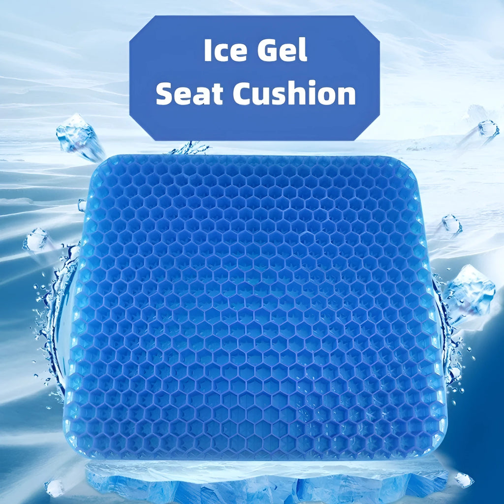 A solid-colour gel seat cushion with a honeycomb pattern, shown on a chair.