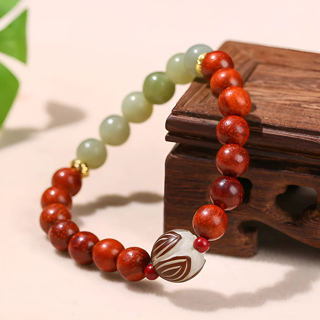 Red rosewood and gray jade Bodhi lotus bracelet with geometric round beads
