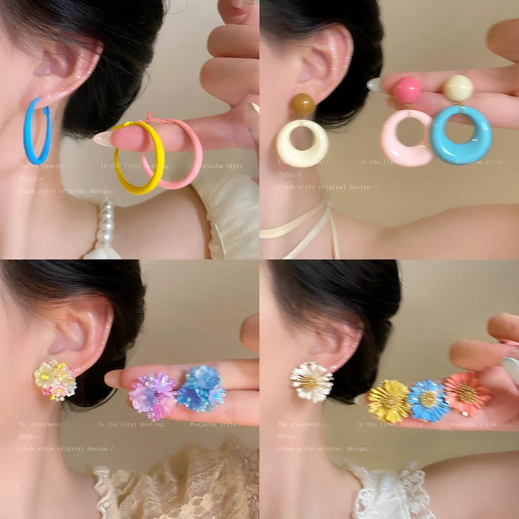 Exaggerated geometric ellipse electroplated mixed material earrings in seaside vacation style, unisex