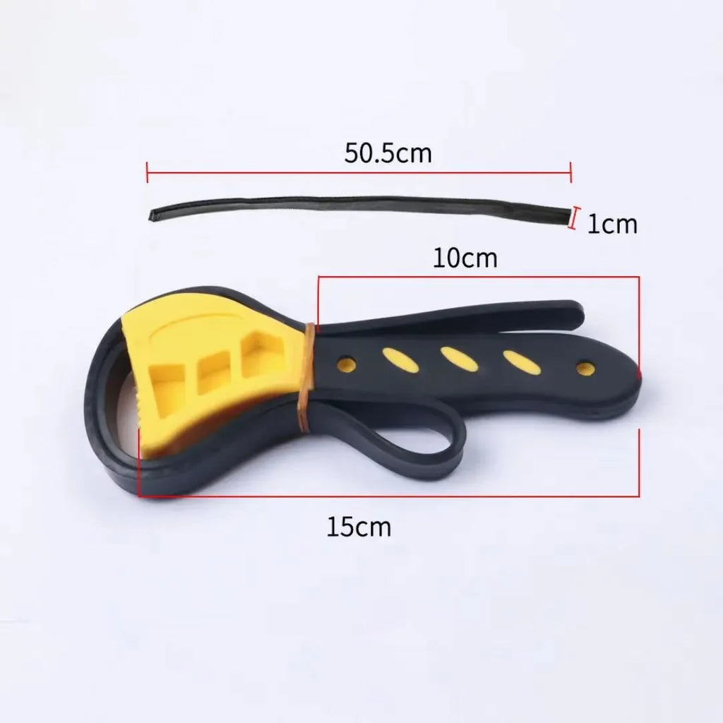 Adjustable rubber strap wrench tool set showing 6-inch and 8-inch sizes with plastic handle and phosphated metal.