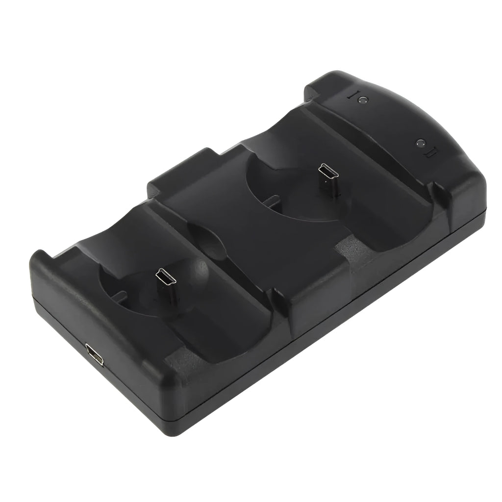 Black PS3 dual wireless charging base station for two original PlayStation 3 controllers with USB cable