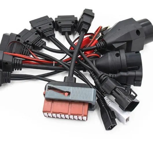 Set of eight auto wire car diagnostic cables for TCS tool on a light background