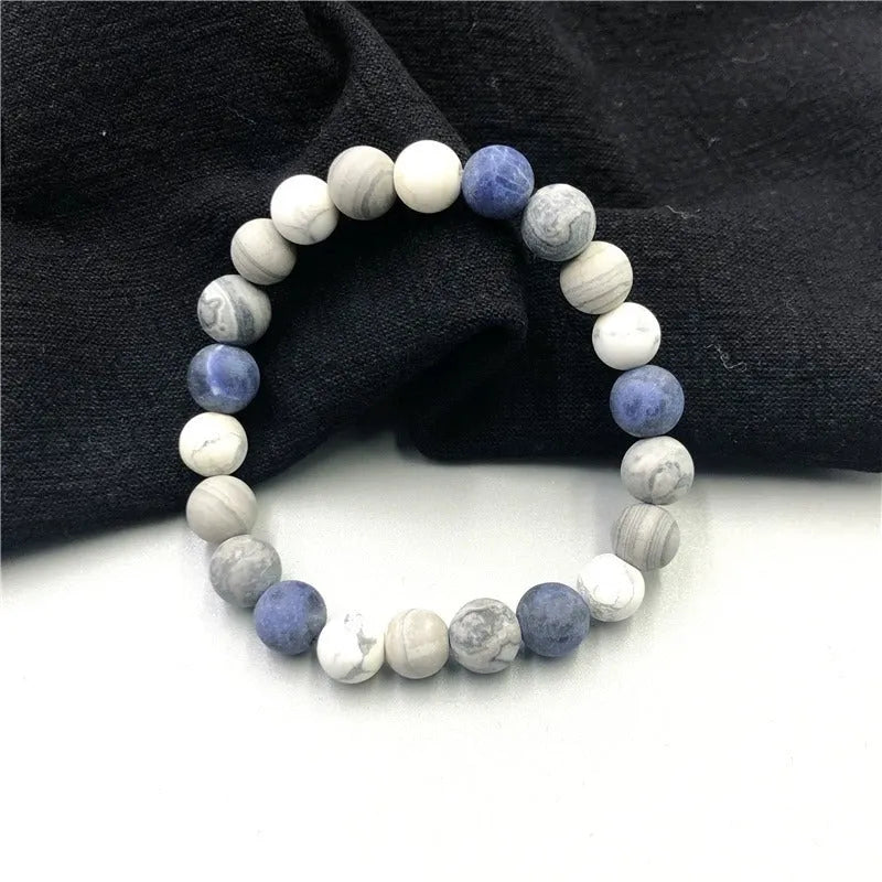 Handmade unisex U-shaped bracelet with natural planet stone beads in 8mm, 10mm, or 12mm sizes.