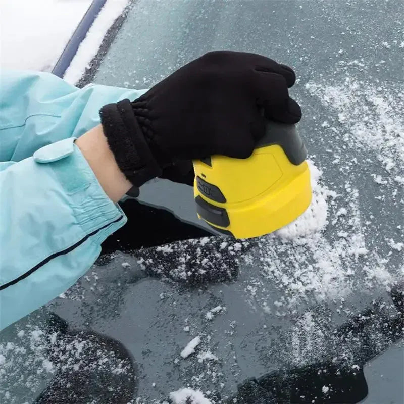 Yellow cordless electric ice scraper for car windows with USB charging cable