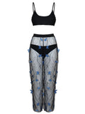 Women's black butterfly patterned bikini three-piece swimsuit set with transparent voile fabric