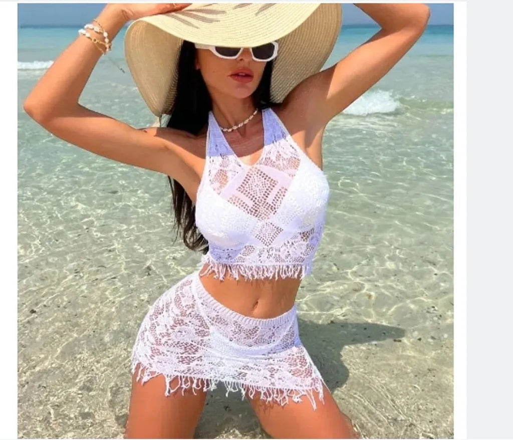 Women's white lace bikini top with black tassel cover-up skirt two-piece swimsuit set