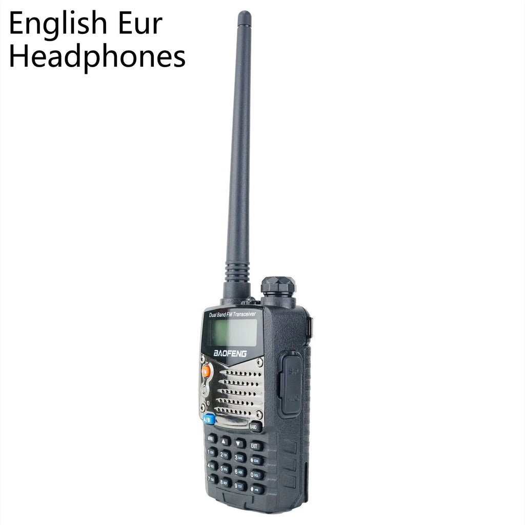 Baofeng UV-5RA black handheld dual-band two-way radio with dual display and antenna.