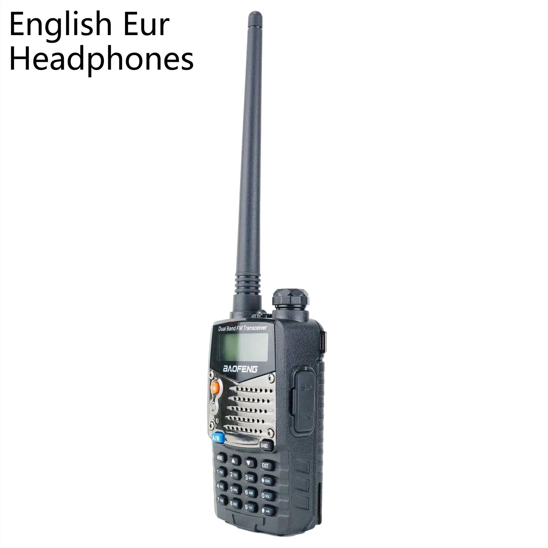 Baofeng UV-5RA black handheld dual-band two-way radio with dual display and antenna.