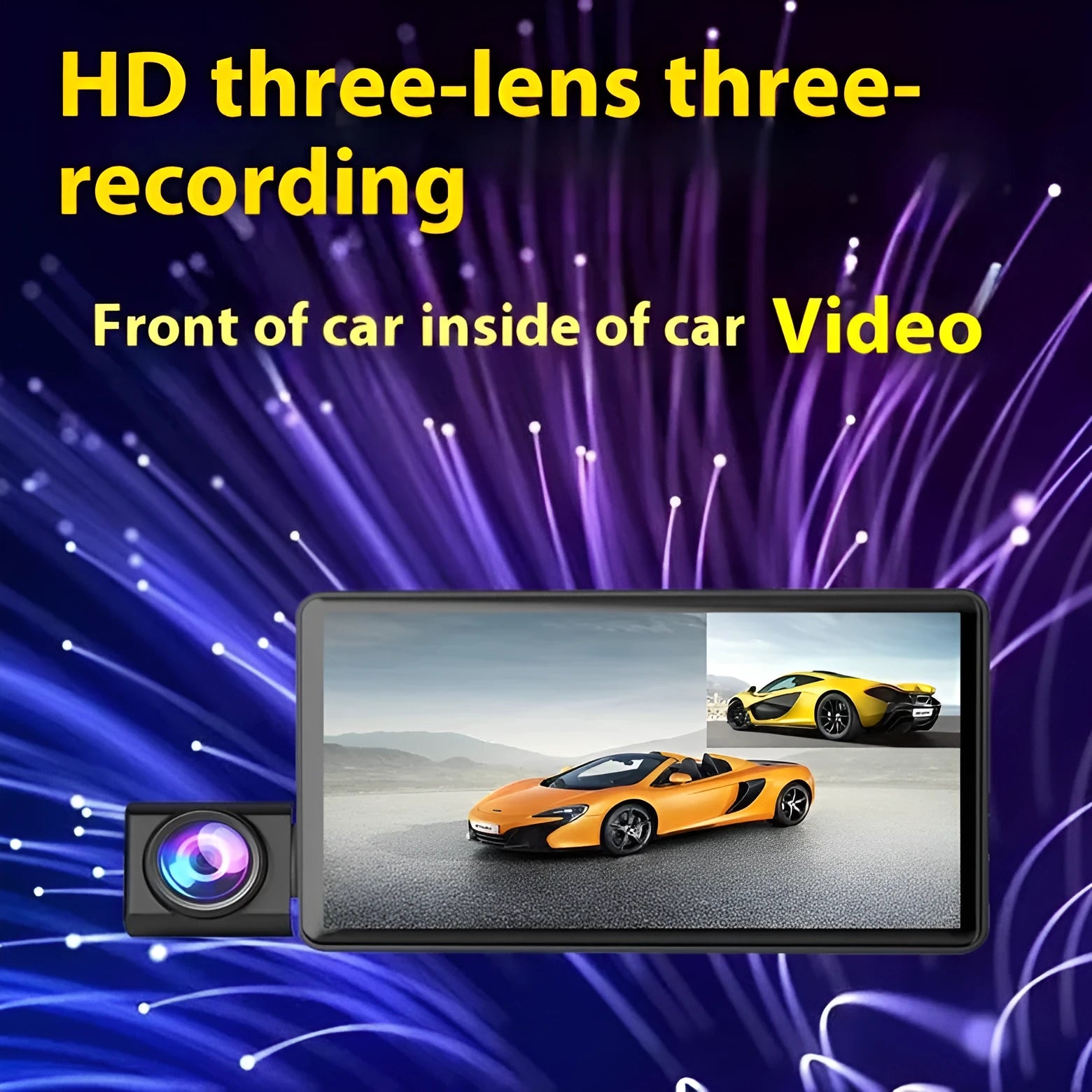 Black three lens dashcam with 4 inch front and rear screen for vehicle monitoring