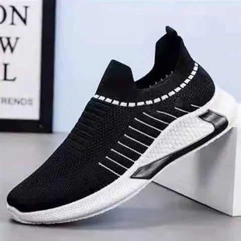 Men's striped mesh sock shoes with lace-up front and flat heel design