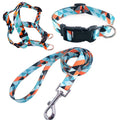 Adjustable dog collar, chest harness, and lead three-piece set in a choice of floral, plaid, and geometric patterns.