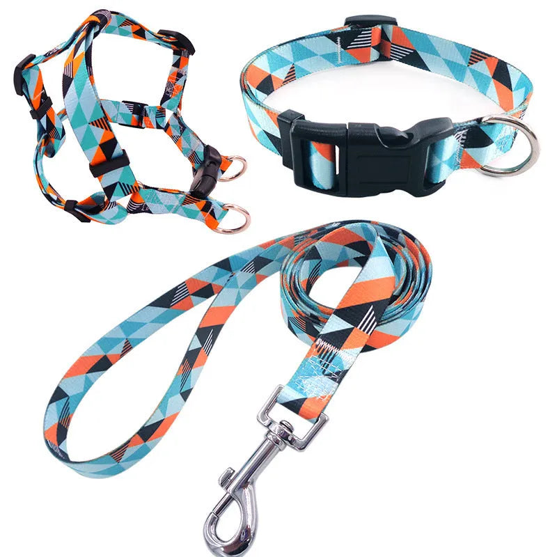 Adjustable dog collar, chest harness, and lead three-piece set in a choice of floral, plaid, and geometric patterns.