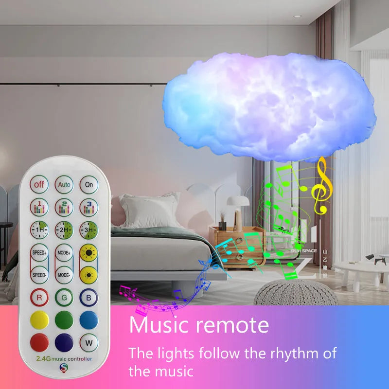 Large white fabric cloud shaped USB light hanging from ceiling with multi-colour RGBIC glow.