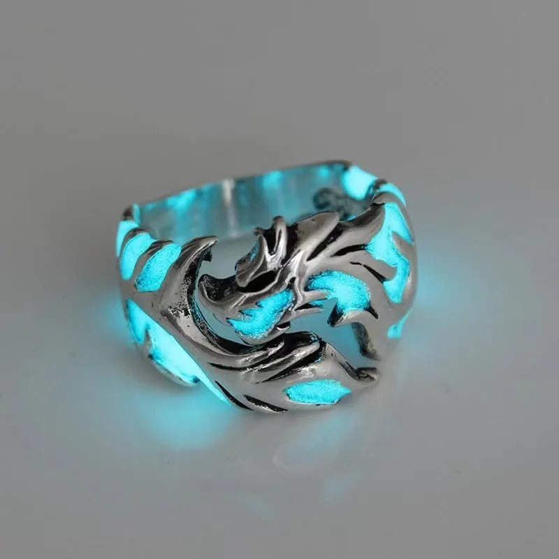 Adjustable Chinese dragon pattern ring in antique silver blue and green colour