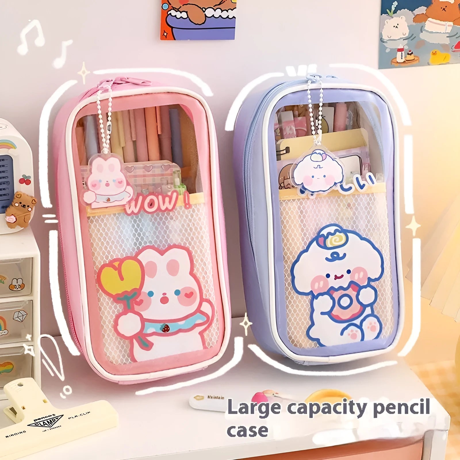 Transparent cartoon pencil case measuring 20cm with South Korea style design