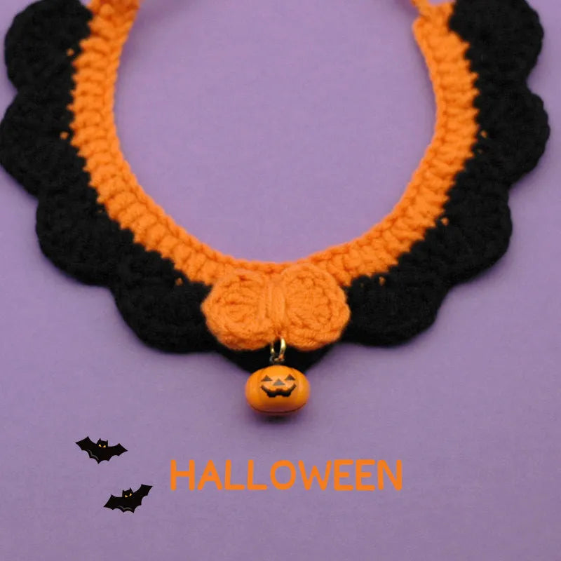 Hand-crocheted wool Halloween pet collar with pumpkin design in adjustable sizes for cats and dogs