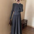 Dark grey knitted long dress suit with three-dimensional pattern and matching skirt, artistic retro ethnic style.