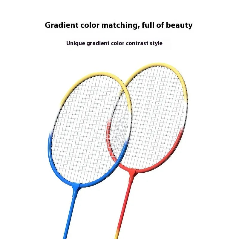 A pair of blue and red ultra-lightweight graphite alloy badminton rackets laid side by side.
