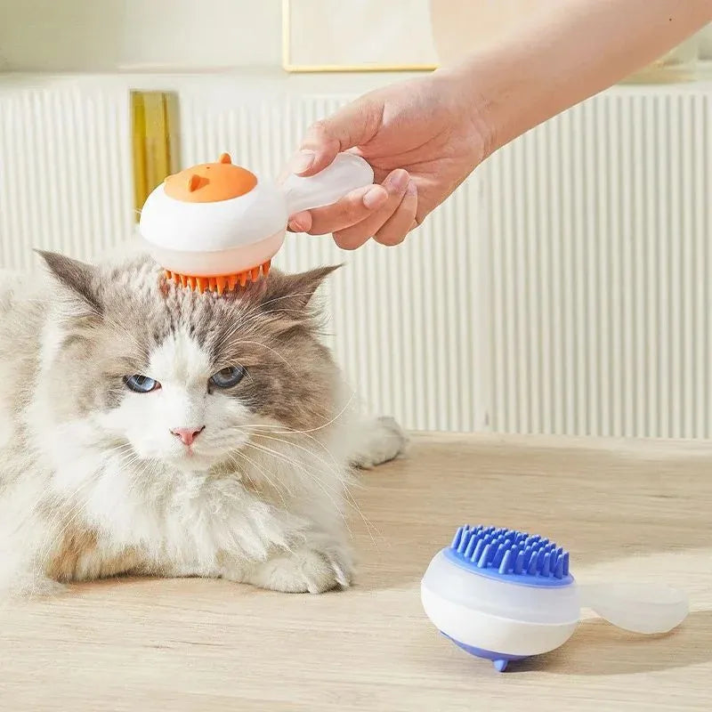 Automatic cleaning pet bath brush with soft gel bristles in blue and orange colour options for dog and cat grooming