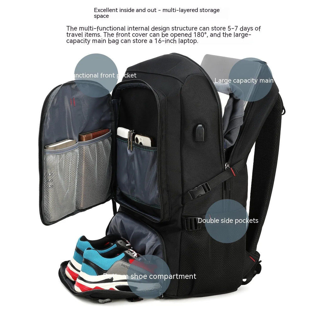 Large capacity business travel backpack in Oxford cloth with contrast stitching and curved shoulder strap, 55x20x35cm, black colour