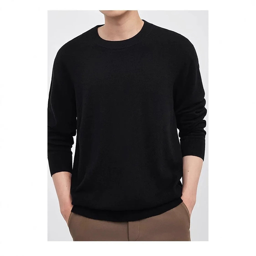 Men's regular fit wool pullover sweater in light camel colour showing conventional sleeve design