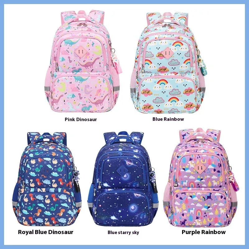 Colourful children's waterproof Oxford cloth school backpack with dinosaur print and curved shoulder straps.