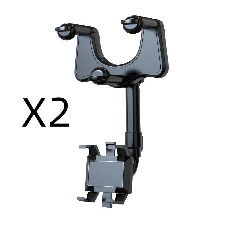 Black rearview mirror car phone holder with telescopic arm and rotating phone clamp.