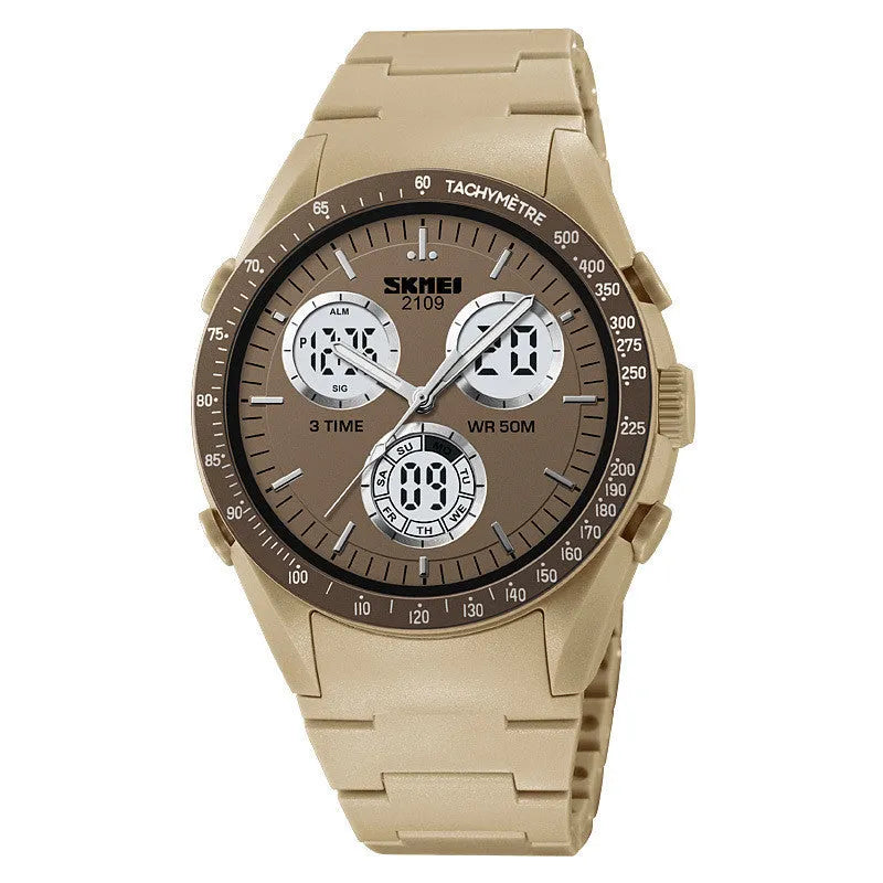 Casual digital watch with a camouflage strap and a digital display, showing 50m waterproof rating.