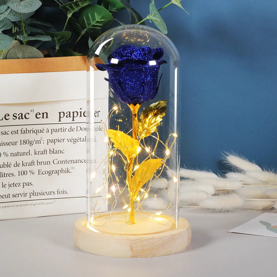 Red eternal rose in glass dome with warm white LED light string on bendable copper wire