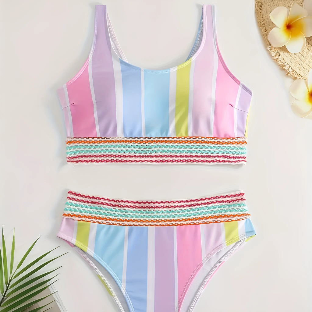 Women's striped sports bikini set with a top and briefs in a European/American pattern style.