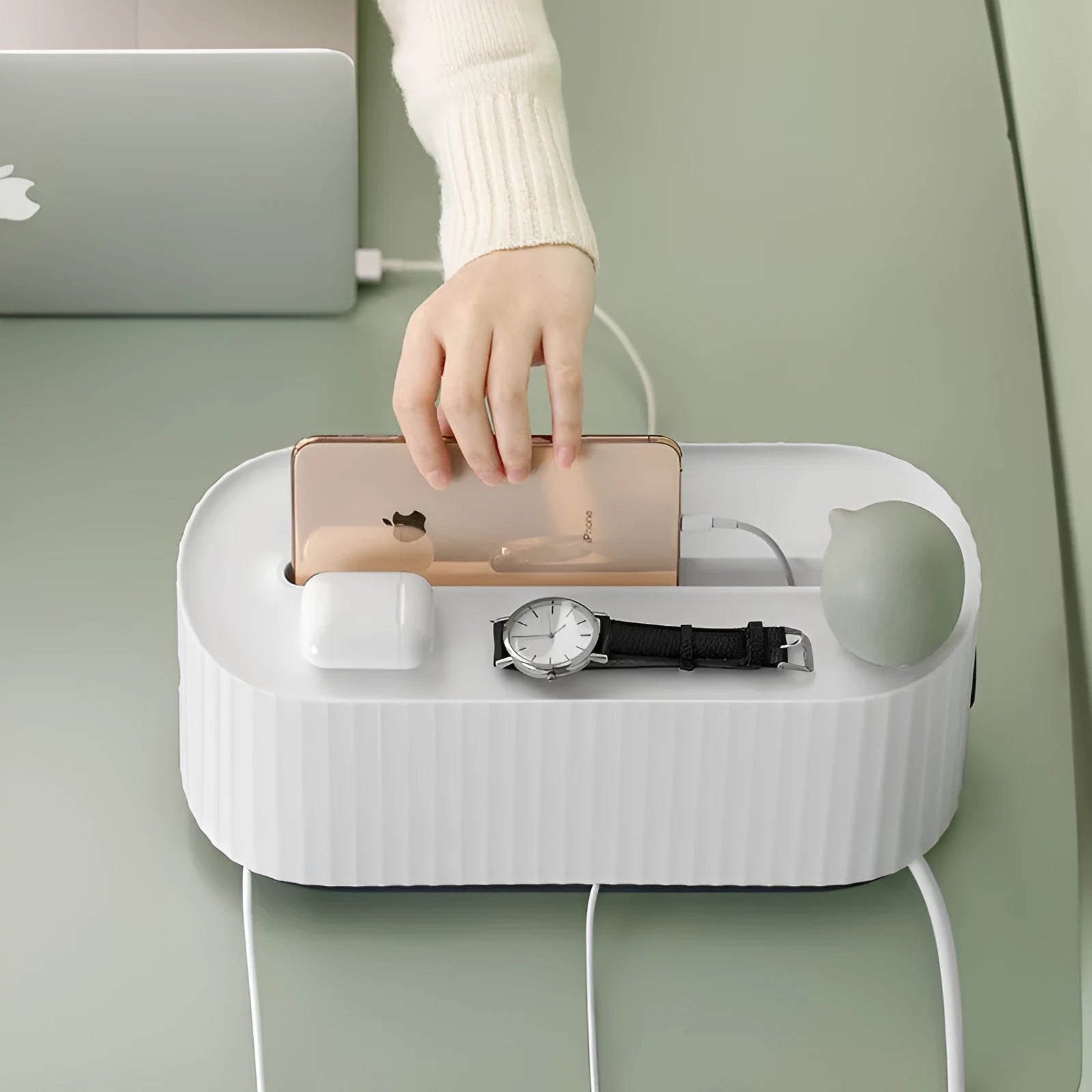 Blue and white HIPS plastic power strip storage box with lid open, showing cable holes and interior space.