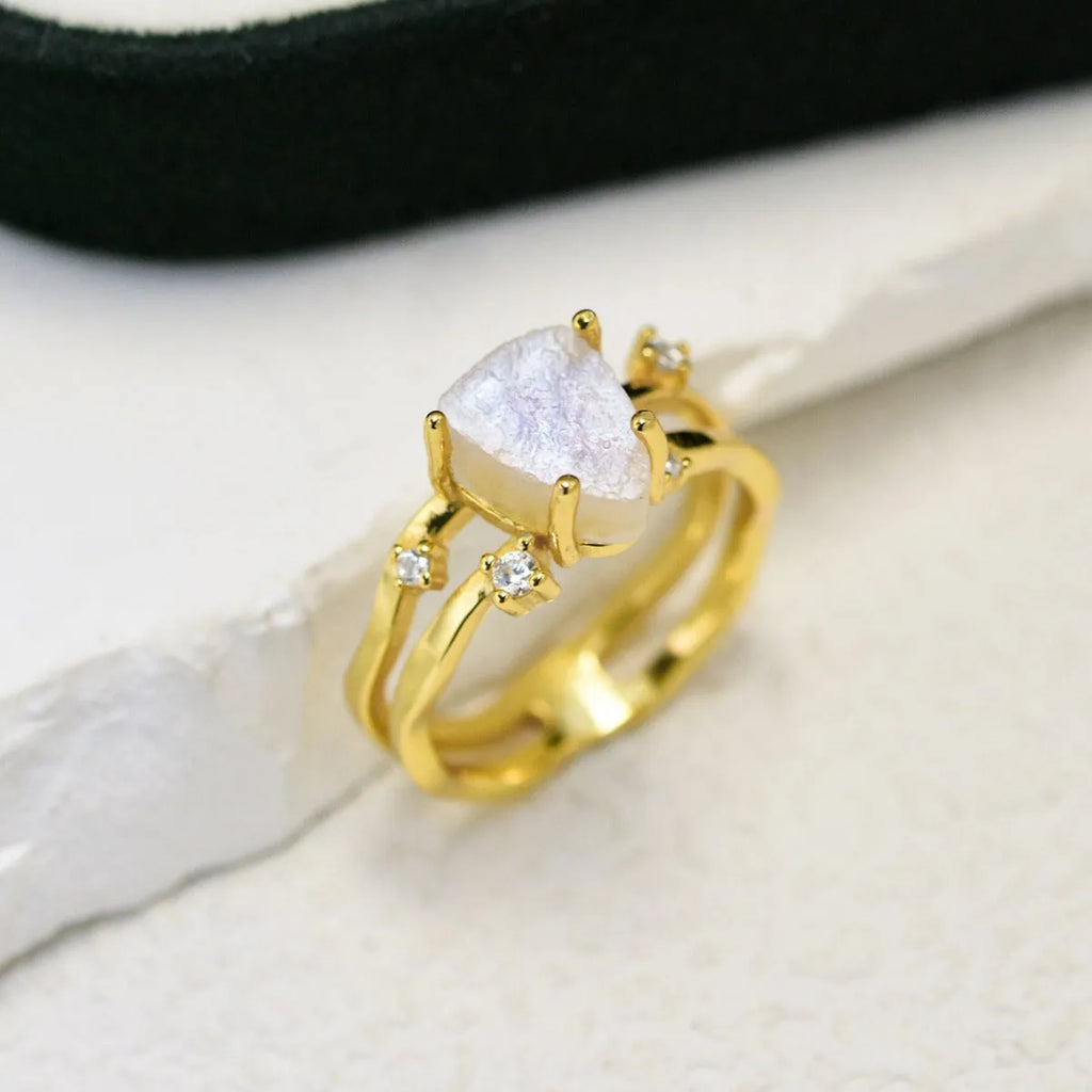 S925 silver irregular triangular moonstone ring in rose gold, white gold, or yellow gold finish.