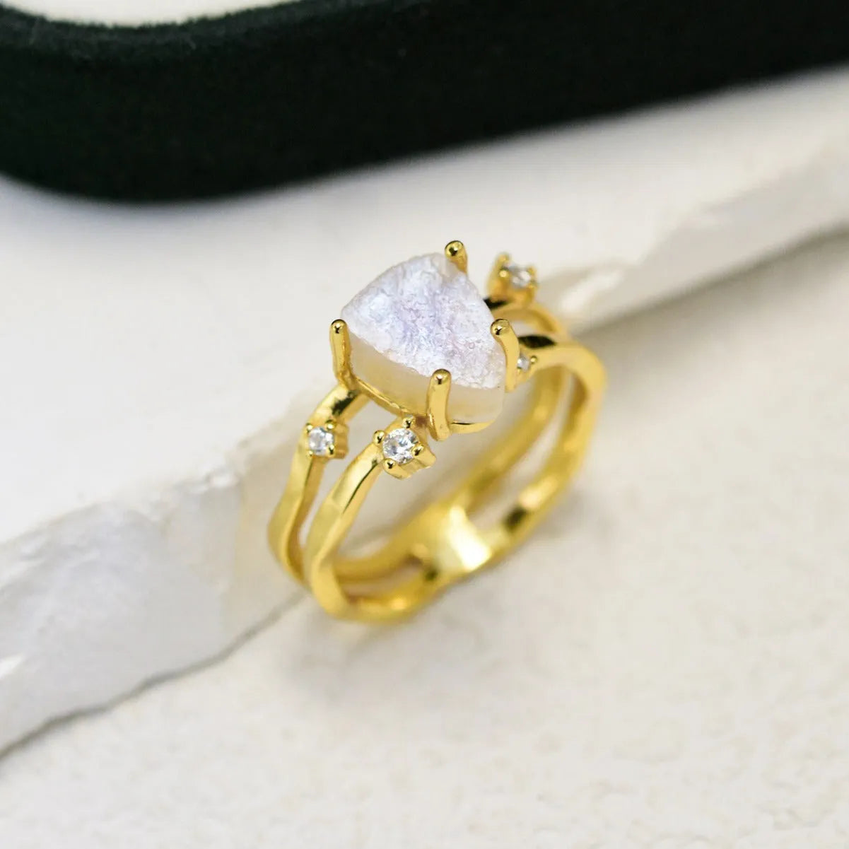 S925 silver irregular triangular moonstone ring in rose gold, white gold, or yellow gold finish.