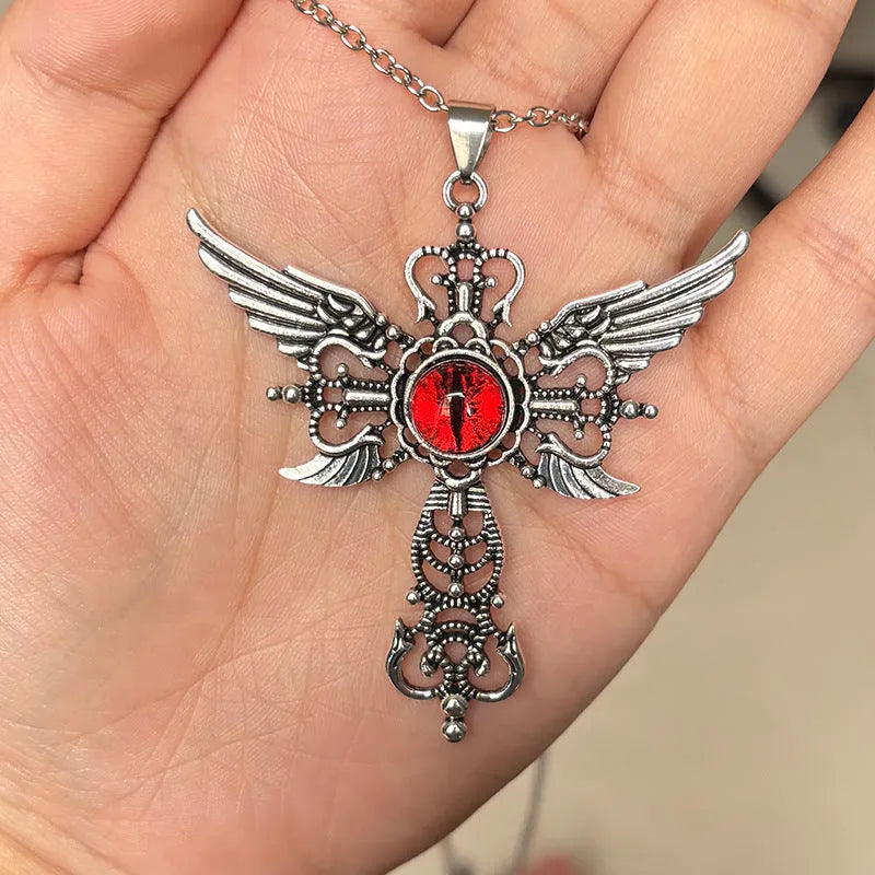 Creative Devil Wings Cross Necklace in alloy with geometric pendant, shown in blue, green, purple, red, and yellow colour options.