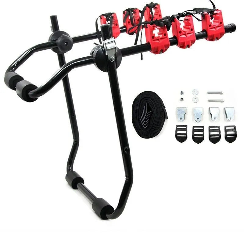 Black and red boot mounted car bike holder rack with iron frame and protective sponge padding