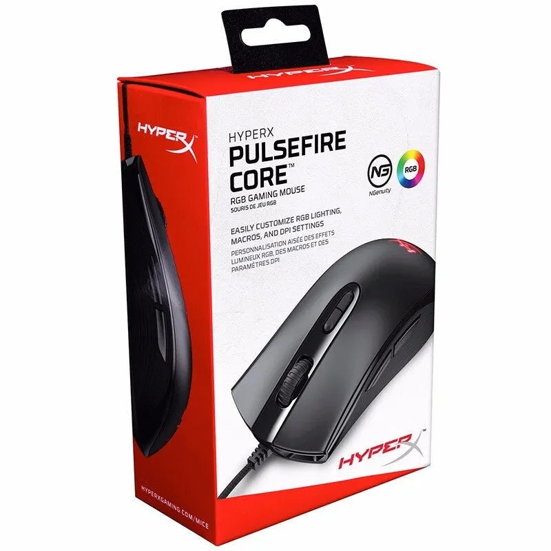 Pulsefire Core RGB wired gaming mouse in black and pink colour options on a mouse pad.