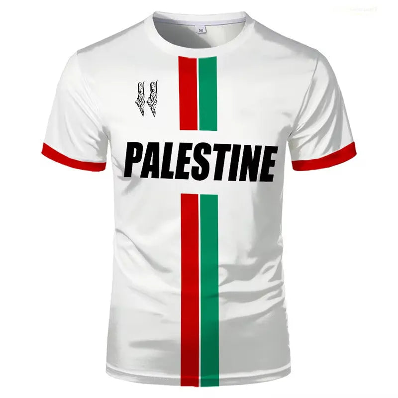 Black 3D printed football pattern t-shirt made from spandex fabric on a hanger.