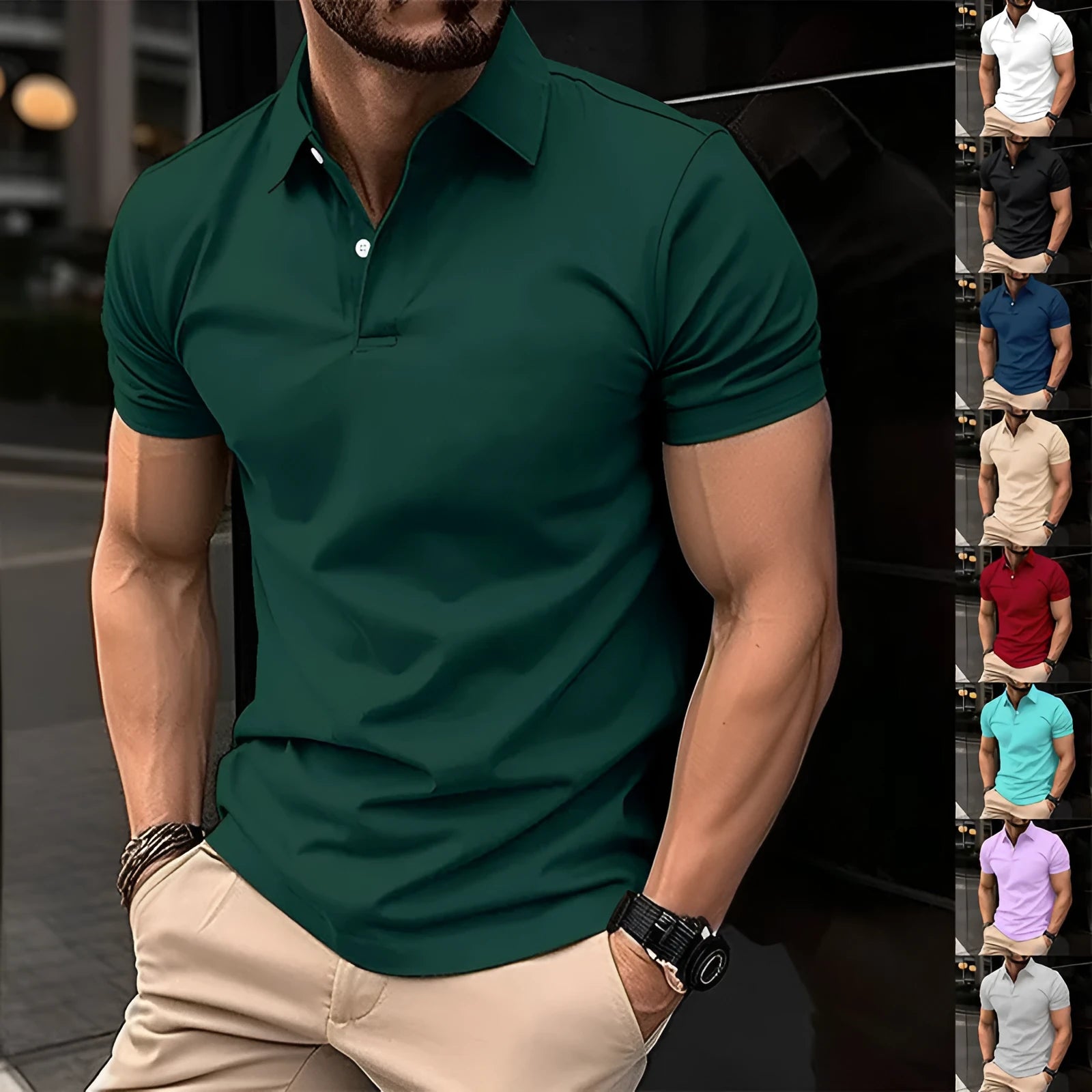 Men's solid colour short sleeve polo shirt with button lapel closure in cotton-blend fabric
