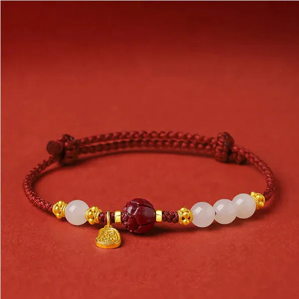 Women's adjustable Hetian jade and cinnabar red rope bracelet with 925 silver clasp