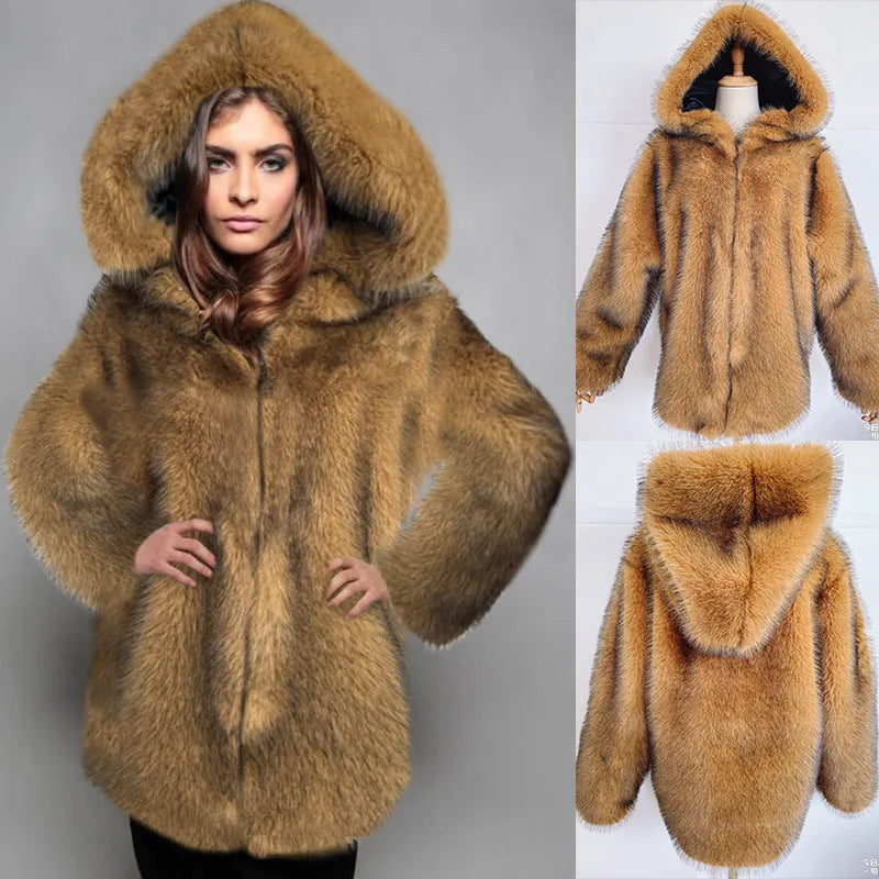 Women's silver grey artificial fur coat with mid-length 65cm design and regular sleeves