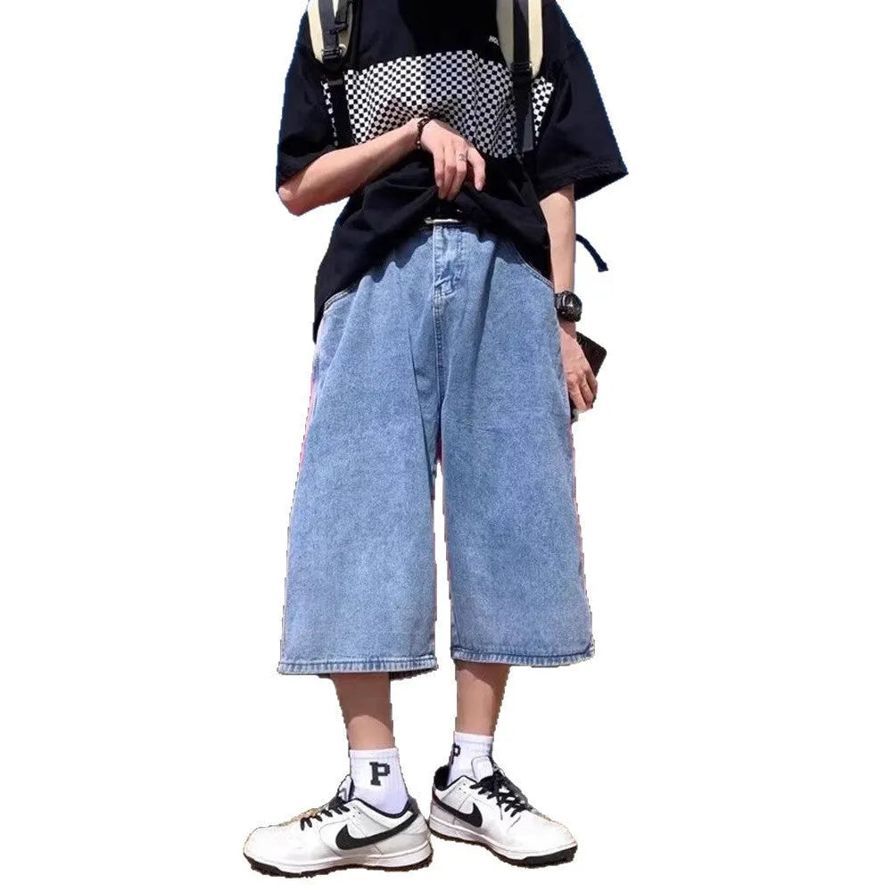 Blue men's thin denim pirate shorts with high waist and cropped straight legs on a neutral background.